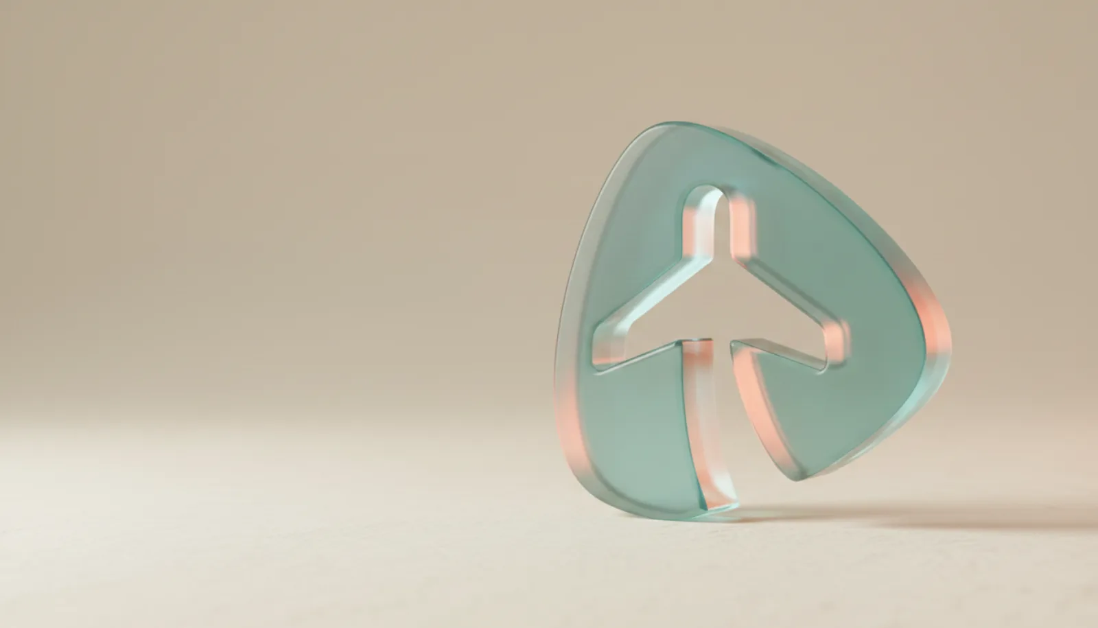 Abstract sea-glass sculpture of the Tripaway airplane mark on warm ivory — brand artwork, not a destination